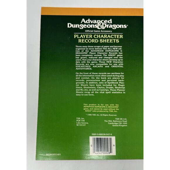 Advanced Dungeons & Dragons Player Character Sheets 1986 REF2 #9028 VG+ UNUSED - Picture 9 of 10